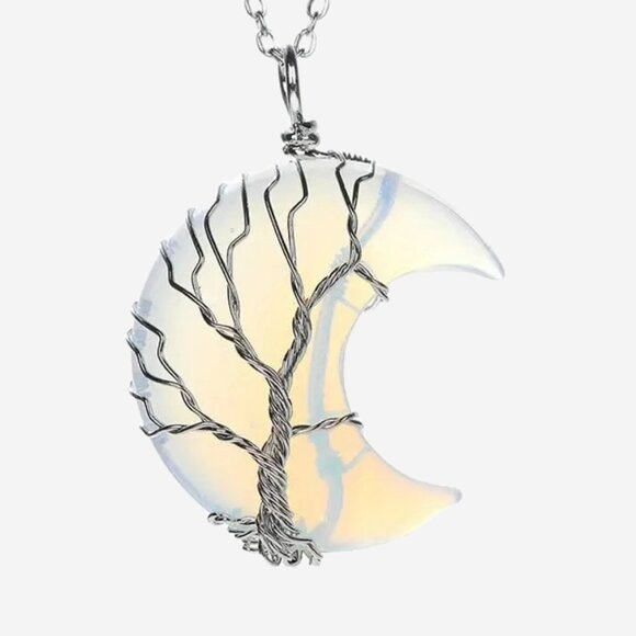 Crescent Moon Opal Glass Stone Tree Of Life Wire Wrap Pendant Necklace - Picture 2 of 2